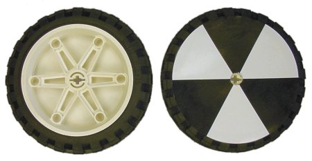 Lego wheels with a homemade paper encoder disc.