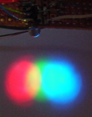 Red, green, and blue light emitted from a single multicolor LED.