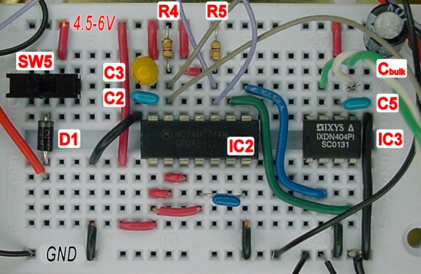 Flip-flop circuit on a solderless breadboard.