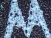 Motorola logo on a chip at 200x magnification