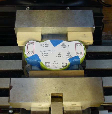 Metal container milling setup with template and wood.