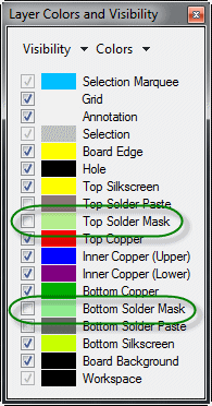 Check one or both solder mask layers to view the solder mask