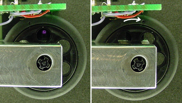 Infrared encoder emitter seen through LEGO wheel