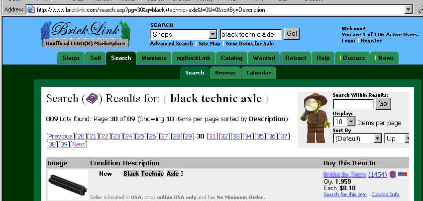 Sample Brinklink page with 3-length black axles