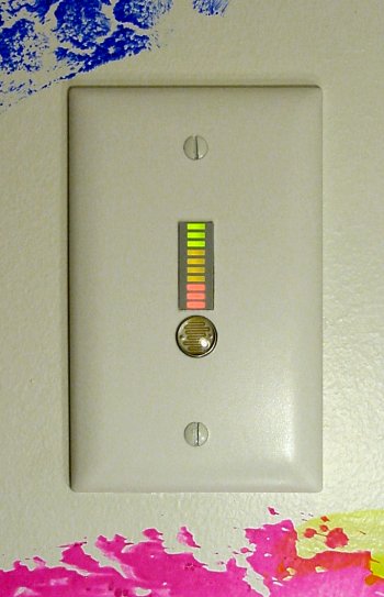 Water softener monitor wall plate on a decorated wall.