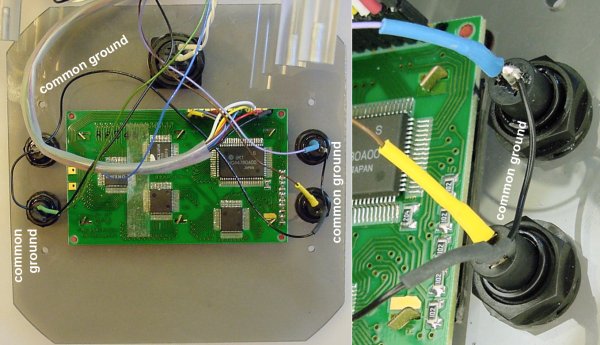 Underside of smoke Plexiglas shows wiring with common ground.