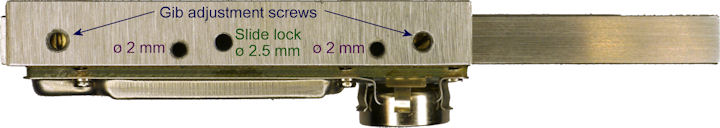 Top side mounting holes gib adjustment and slide lock
