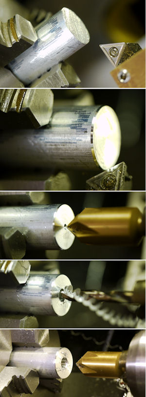 Lathe machining aluminum rod as tripod mount extension