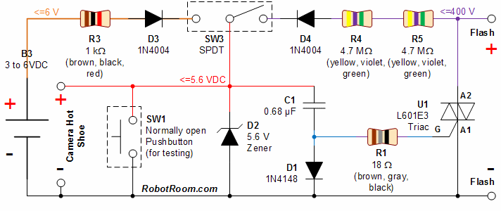 Safe sync low voltage camera hot shoe to high voltage flash schematic