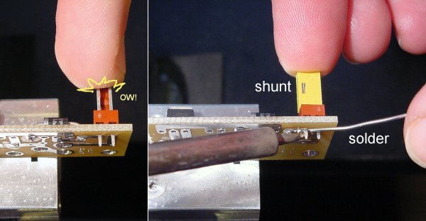 A tall yellow shunt keeps fingers from getting pierced or burnt while soldering a Molex connector.