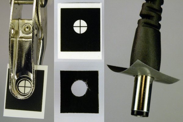 Left: A hole punch makes a nearly clean hole in a clear adhesive sticker. Right: The sticker is applied using the power plug as an alignment tool.