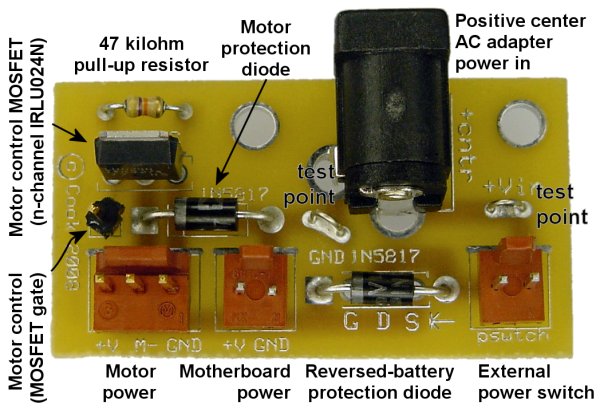 The power board contains protective diodes and connectors for power.