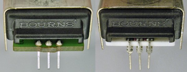 Left: (good) Square pins secured through holes in the PCB. Right: (bad) Thin pins wrapped around a ceramic base.