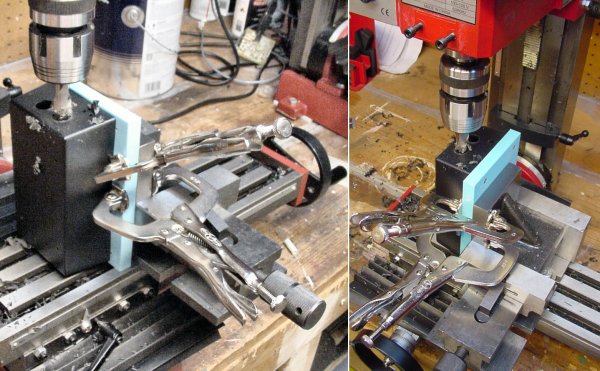 Machining the side of a black tapered project box by using a custom adapter plate, clamps, 90-degree angle plate, and vise.