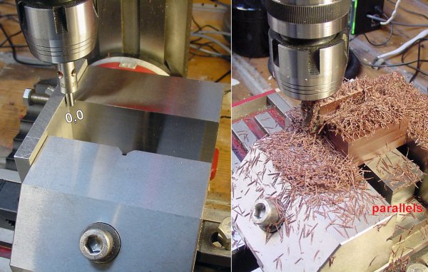 Left: DRO on milling machine is zeroed by using an indicator with a light. Right: The workpiece sits on parallel blocks to obtain the necessary height to machine without hitting the vise.