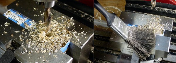 Drilling large thick holes produces a lot of chips and debris. This pile is too big! Use a cheap paintbrush to remove waste.