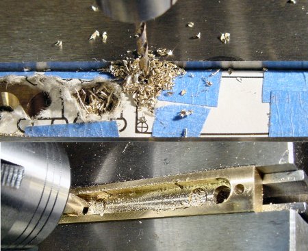 Drilling the corners of the square slot for the display with a small diameter drill. Milling out the rear of the face plate.