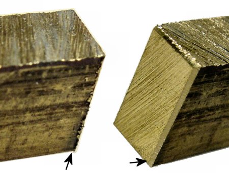 Left: Corner burrs prevent stock from lying flat in a milling vise. Right: Grind or file the corners before milling.