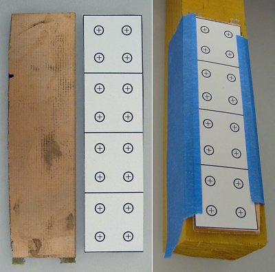 Copper-clad board and template taped to wood.