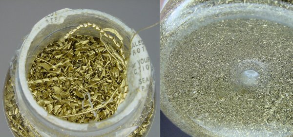 Brass shavings sifted by vibration. The largest strands are on top and the smallest particles fell to the bottom.
