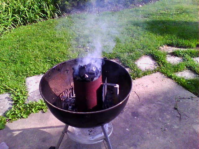 Charcoal grill visible