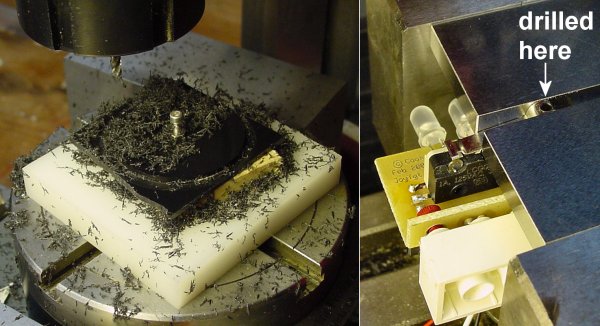 Left: Delrin disc being machined on a rotary table. Right: Snap-action lever arm held with two parallels for drilling a hole.