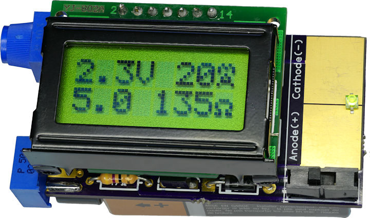 Display showing LED voltage current and recommended resistor