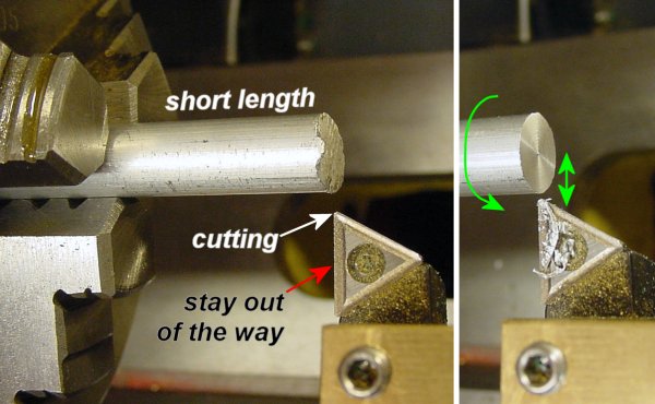 Smoothing the rough end of a metal rod by facing it in a lathe.