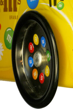 Narrow slippery wheels on candy tin