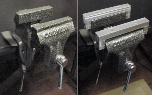 Standard vise (left) and aluminum jaws with grooves for PCBs (right)