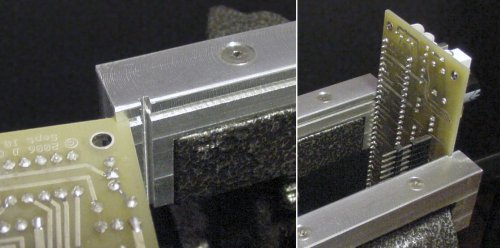 Horizontal and vertical grooves in aluminum vise jaws firmly hold a printed circuit board