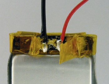 Ultralife lithium-polymer cell with replacement wires soldered on.