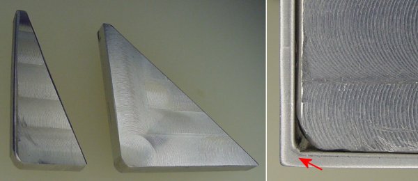 Scrap aluminum braces are machined square with a rounded corner to fit into an angle bracket. Right: Notice the bulge in the bend?