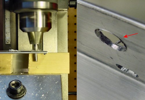 Left: Wood blocks hold up the face of angle stock during machining. Right: Nasty burrs in architectural-alloy aluminum.