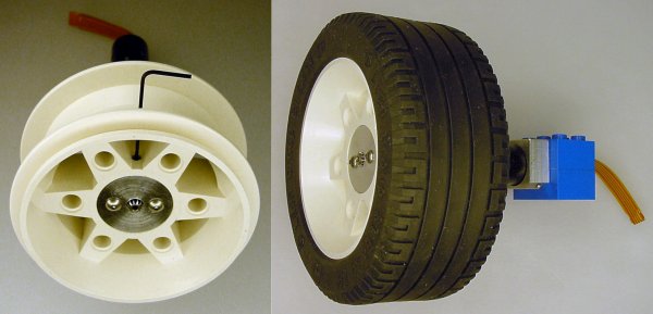Left: Hex key tightens setscrew against the motor shaft through a vertical hole in the hub. Right: Completed assembly.