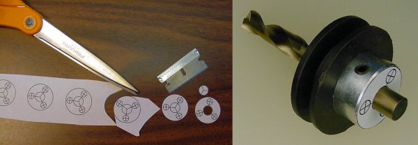 Left: A paper template is cut out from a CAD drawing. Right: The template is centered on the pulley with a 5/16-inch drill shank.