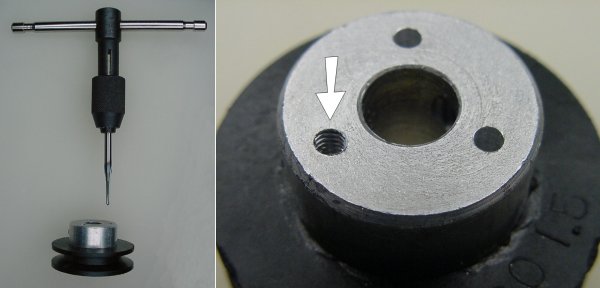 Using a #4-40 tap to thread a hole in the pulley.
