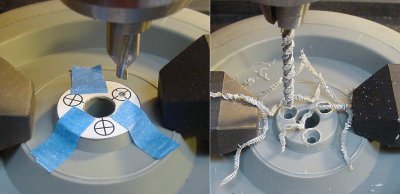 Wheel being drilled for flat head screws.