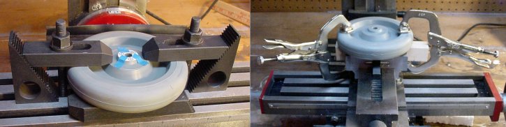 A wheel can be held firmly on a milling table with step blocks or with locking c-clamps against a wood block in a vise.