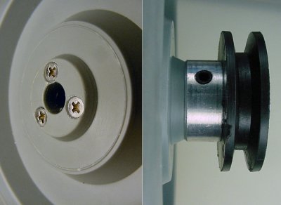 Flathead screws on one side of the wheel pass through and thread into the pulley on the other side of the wheel.