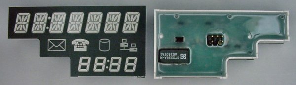 Left: The front of the Lite-On LTM-Y2K19JF-03 multifunction display showing the digits and icons. Right: The ST2225A-M LED driver chip and 5-pin connector.