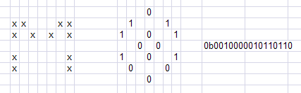Using Microsoft Excel to convert an LED character bitmap (the letter 'M' in this case) into a 14-segment alphanumeric LED bit code.