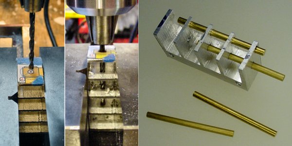 Drilling rod holes in aluminum to hold the pencils.