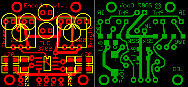 Front and back circuit board layout for an optical encoder. (Not to scale)