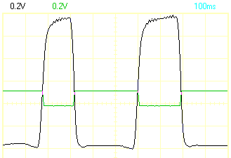 Oscilloscope trace showing a much steadier base voltage when the room is lit by a flashlight.