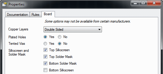 Board Properties controls silkscreen solder mask and tented vias