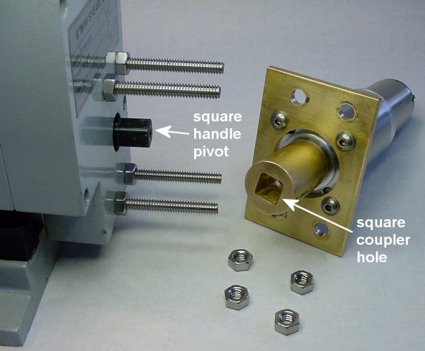 A square hole in a motor coupler mates with a square-shaped handle pivot on the shear.