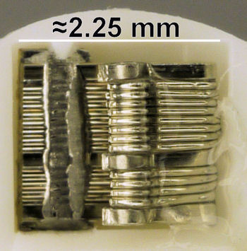 Trimpot brush wiper consisting of tiny metal segments close up