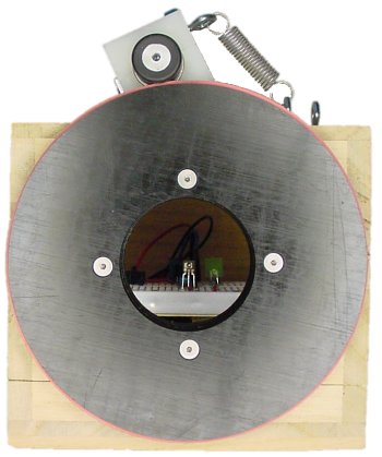 Front view of a polarizing film test apparatus. Notice the photodetector component inside the hole.