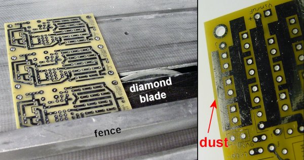 Left: Cutting PCB panels on a table saw with diamond blade, using the fence as a straight-edge guide. Right: PCB dust particles contaminate the board.